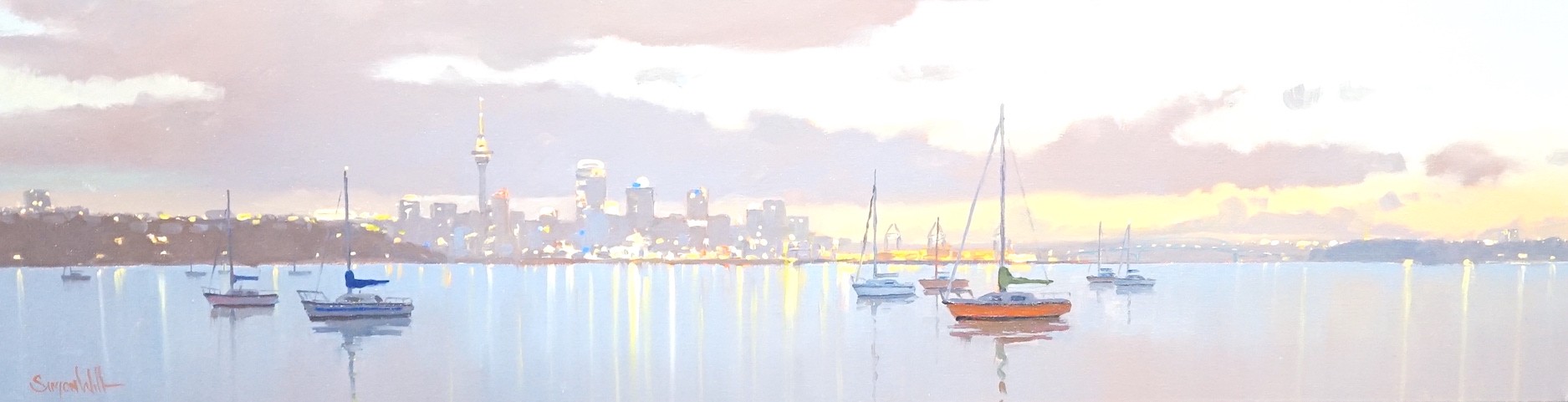 Simon Williams (New Zealand b.1961), oil on canvas, 'Evening Reflections, Auckland City', 30 x 111cm, unframed